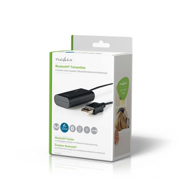 Nedis Bluetooth® Transmitter | Tilslutninger indgang: 1x 3.5 mm | AptX ™ Low latency / AptX™ / SBC | Op til 2 enheder | Sort
