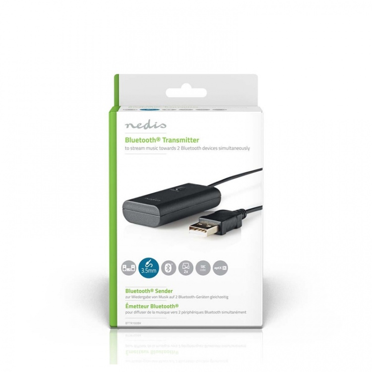 Nedis Bluetooth® Transmitter | Tilslutninger indgang: 1x 3.5 mm | AptX ™ Low latency / AptX™ / SBC | Op til 2 enheder | Sort