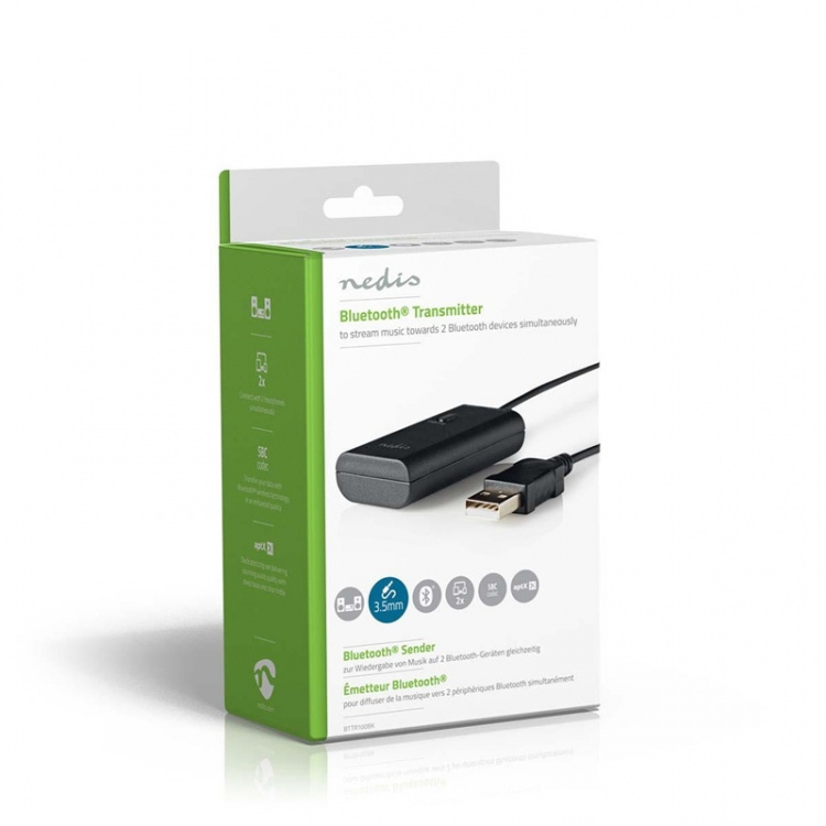 Nedis Bluetooth® Transmitter | Tilslutninger indgang: 1x 3.5 mm | AptX ™ Low latency / AptX™ / SBC | Op til 2 enheder | Sort