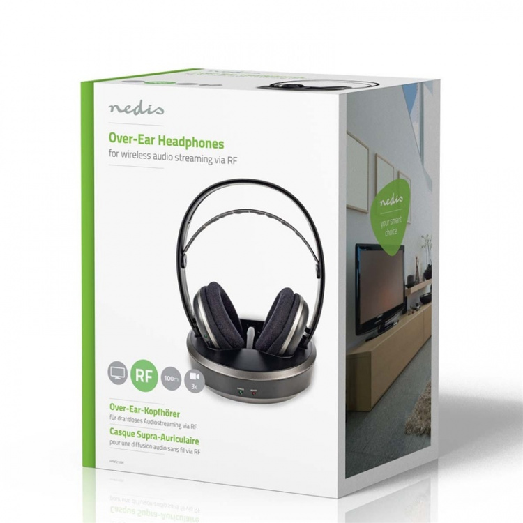 Nedis Trådløst TV hovedtelefoner | RF, frequency 868 Mhz | Over-Ear | Maksimal batteritid: 11 timer | 100 m | Digital lyd | Opladningsstation | Sort / Sølv