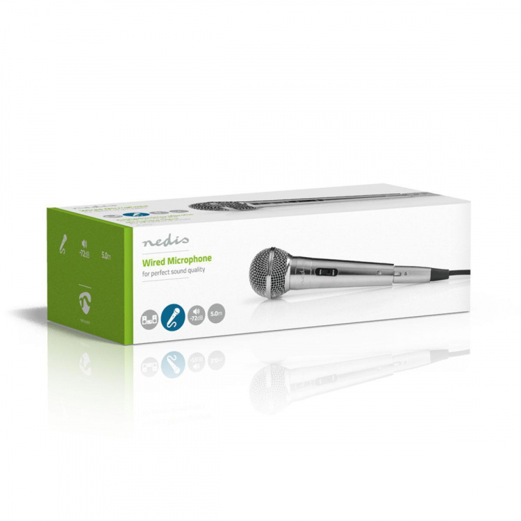 Nedis Mikrofon | Cardioid | Aftageligt kabel | 5.00 m | 80 Hz - 13 kHz | 600 Ohm | -72 dB | Indbygget on/off-knap (tænd/sluk) | Metal | Sølv