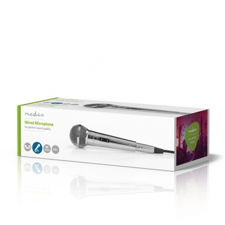 Nedis Mikrofon | Cardioid | Aftageligt kabel | 5.00 m | 80 Hz - 13 kHz | 600 Ohm | -72 dB | Indbygget on/off-knap (tænd/sluk) | Metal | Sølv