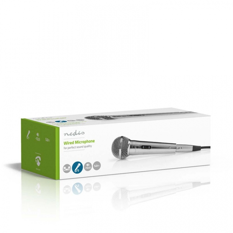 Nedis Mikrofon | Cardioid | Aftageligt kabel | 5.00 m | 80 Hz - 13 kHz | 600 Ohm | -72 dB | Indbygget on/off-knap (tænd/sluk) | Metal | Sølv
