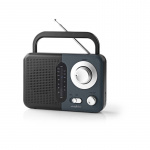 Nedis FM-radio | Bærbart design | FM | Batteri / Strømforsyning | Analog | 2.4 W | Sort hvid skærm | Hovedtelefonudgang | IP20 | Håndtag | Grå / Sort