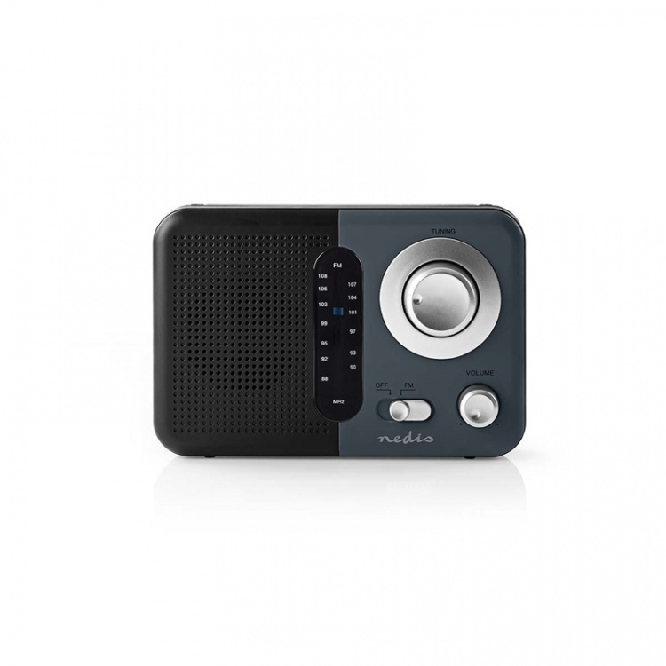 Nedis FM-radio | Bærbart design | FM | Batteri / Strømforsyning | Analog | 2.4 W | Sort hvid skærm | Hovedtelefonudgang | IP20 | Håndtag | Grå / Sort