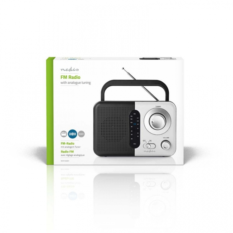 Nedis FM-radio | Bærbart design | FM | Batteri / Strømforsyning | Analog | 2.4 W | Sort hvid skærm | Hovedtelefonudgang | Bærehåndtag | Hvid / Sort