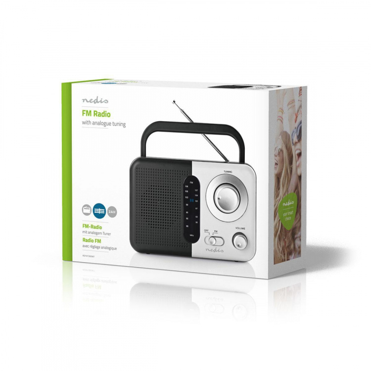 Nedis FM-radio | Bærbart design | FM | Batteri / Strømforsyning | Analog | 2.4 W | Sort hvid skærm | Hovedtelefonudgang | Bærehåndtag | Hvid / Sort