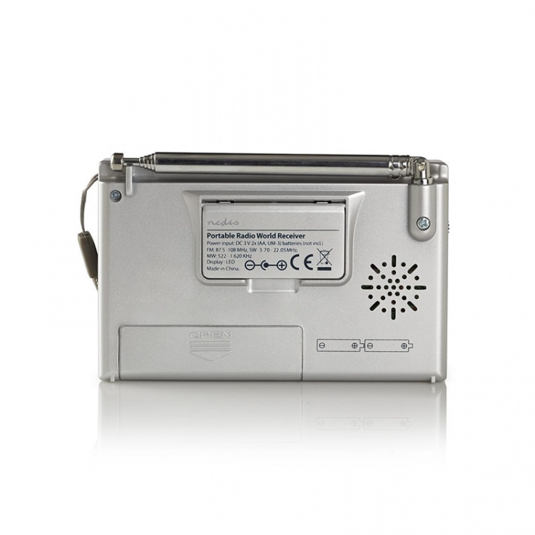 Nedis Verdensmodtager Radio | Bærbart design | AM / FM / SW | Batteri / Strømforsyning | Digital | 1.5 W | Hovedtelefonudgang | Vækkeur | Sleep timer | Grå