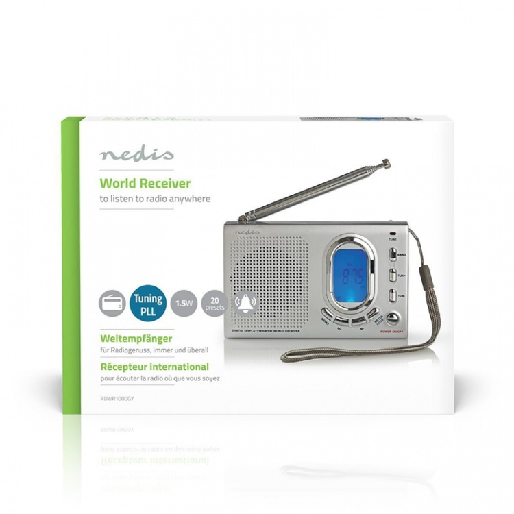 Nedis Verdensmodtager Radio | Bærbart design | AM / FM / SW | Batteri / Strømforsyning | Digital | 1.5 W | Hovedtelefonudgang | Vækkeur | Sleep timer | Grå