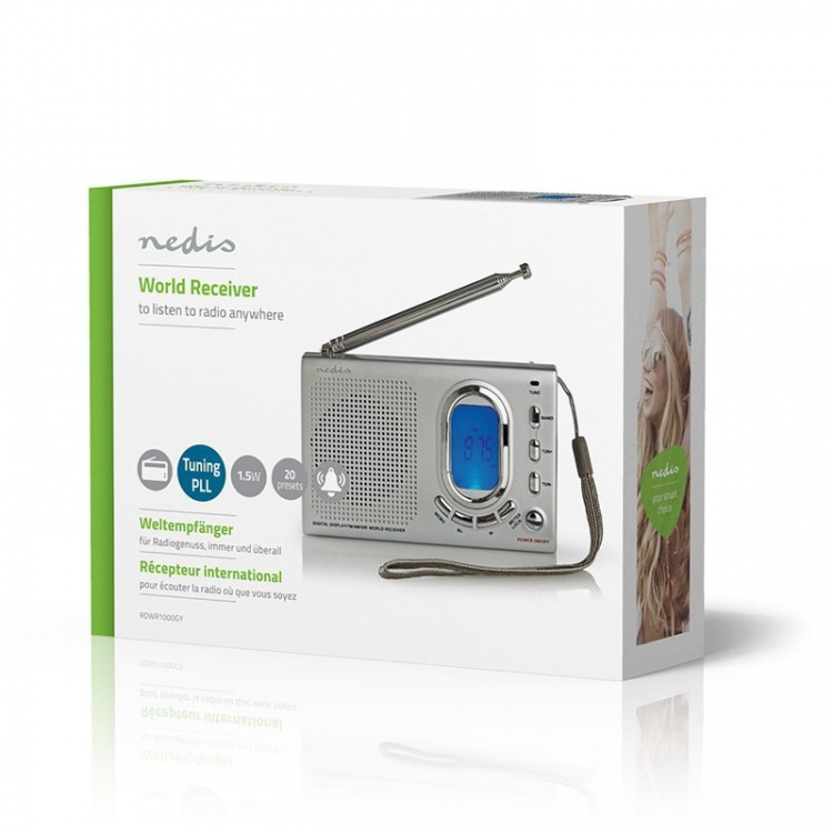 Nedis Verdensmodtager Radio | Bærbart design | AM / FM / SW | Batteri / Strømforsyning | Digital | 1.5 W | Hovedtelefonudgang | Vækkeur | Sleep timer | Grå