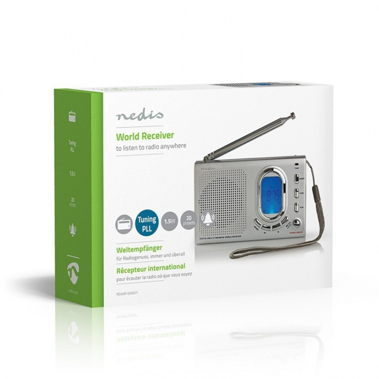 Nedis Verdensmodtager Radio | Bærbart design | AM / FM / SW | Batteri / Strømforsyning | Digital | 1.5 W | Hovedtelefonudgang | Vækkeur | Sleep timer | Grå