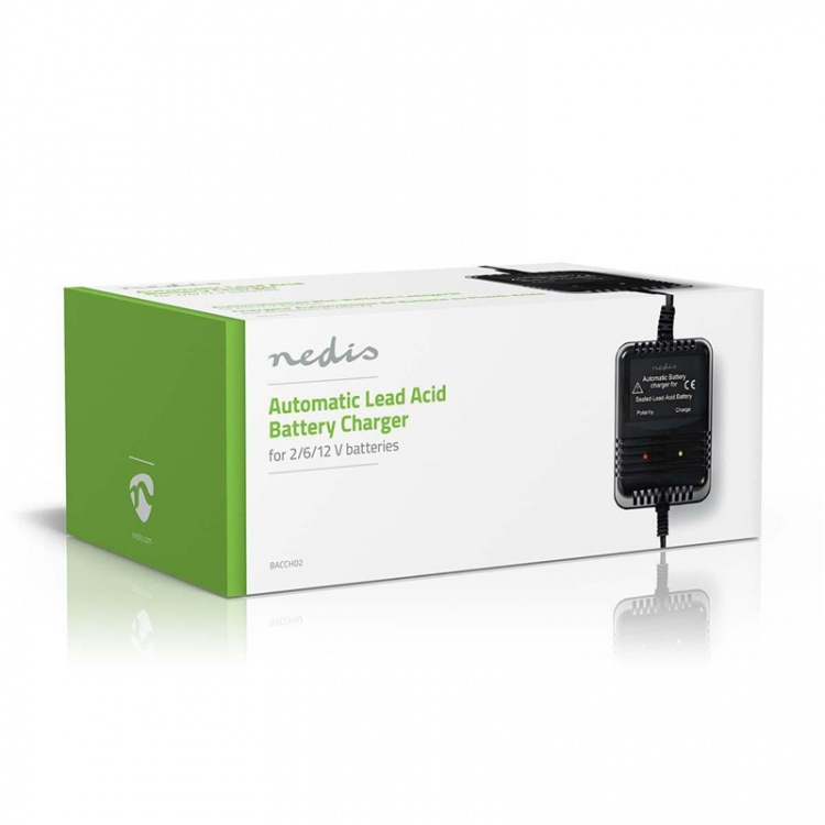 Nedis Bly Batteri Oplader | 2.3 / 6.9 / 13.8 V DC | 0.6 A | Opladning | Euro / Type C (CEE 7/16) | Batteri klemmer | Energi fra batteritype: AGM / Gel / Lead Acid / SLA / VRLA | Sort