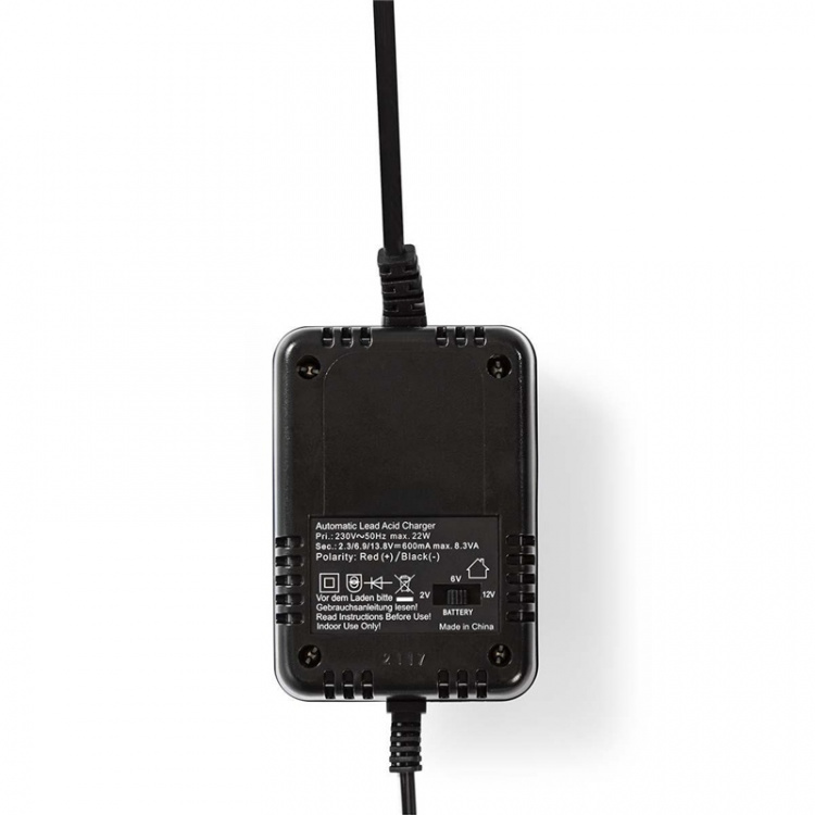 Nedis Bly Batteri Oplader | 2.3 / 6.9 / 13.8 V DC | 0.6 A | Opladning | Euro / Type C (CEE 7/16) | Batteri klemmer | Energi fra batteritype: AGM / Gel / Lead Acid / SLA / VRLA | Sort