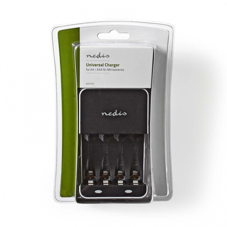 Nedis NiMH batterioplader AA / AAA | 1.2 V DC | Opladning | Euro / Type C (CEE 7/16) | Energi fra batteritype: AA / AAA | Hvid / Sort