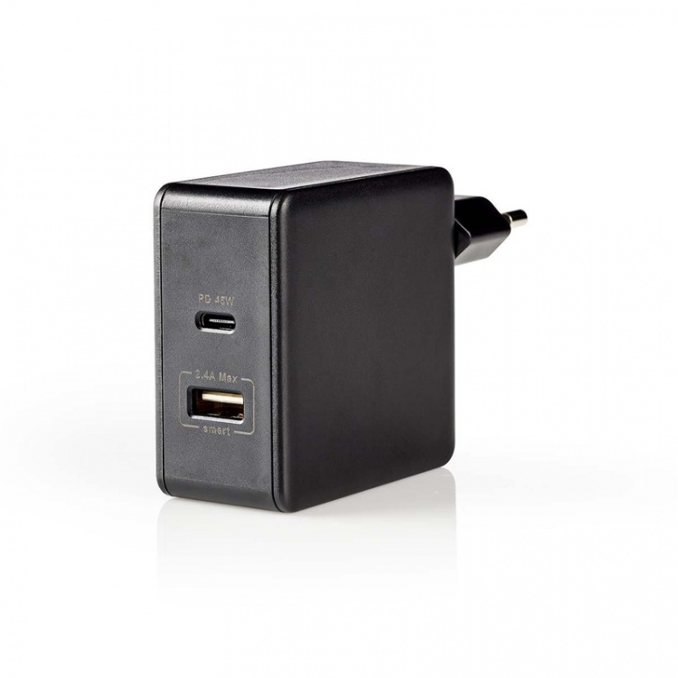 Nedis Vægoplader | 57 W | PD3.0 45W | Hurtigopladningsfunktion | 2.25 A / 2.4 / 3.0 A | Antal output: 2 | USB-A / USB-C™ | Uden Kabel | Automatisk Valgt Spænding | Sort