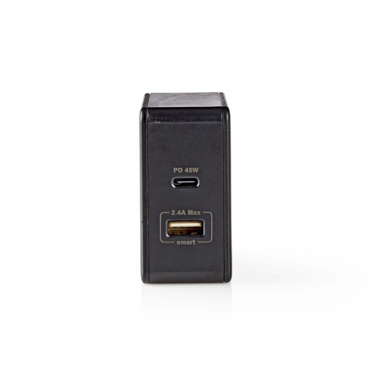 Nedis Vægoplader | 57 W | PD3.0 45W | Hurtigopladningsfunktion | 2.25 A / 2.4 / 3.0 A | Antal output: 2 | USB-A / USB-C™ | Uden Kabel | Automatisk Valgt Spænding | Sort