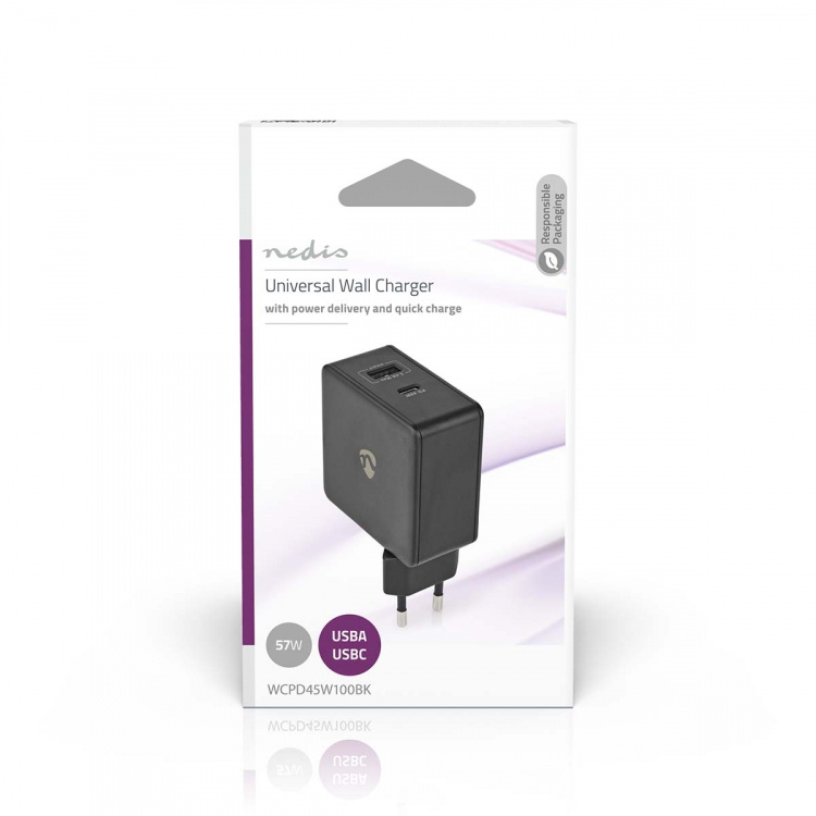Nedis Vægoplader | 57 W | PD3.0 45W | Hurtigopladningsfunktion | 2.25 A / 2.4 / 3.0 A | Antal output: 2 | USB-A / USB-C™ | Uden Kabel | Automatisk Valgt Spænding | Sort