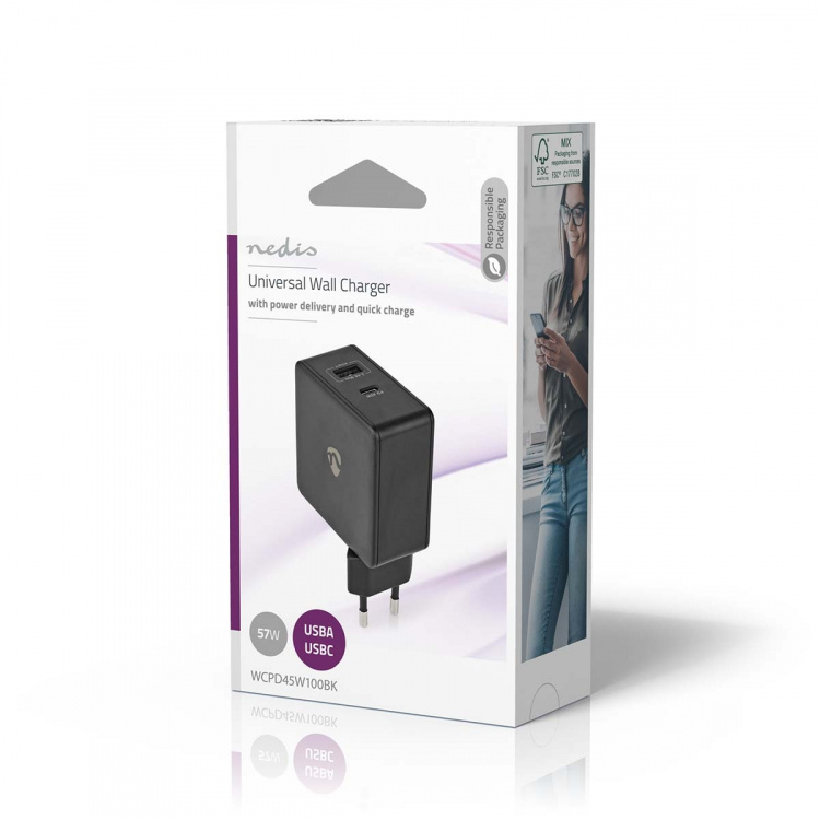 Nedis Vægoplader | 57 W | PD3.0 45W | Hurtigopladningsfunktion | 2.25 A / 2.4 / 3.0 A | Antal output: 2 | USB-A / USB-C™ | Uden Kabel | Automatisk Valgt Spænding | Sort