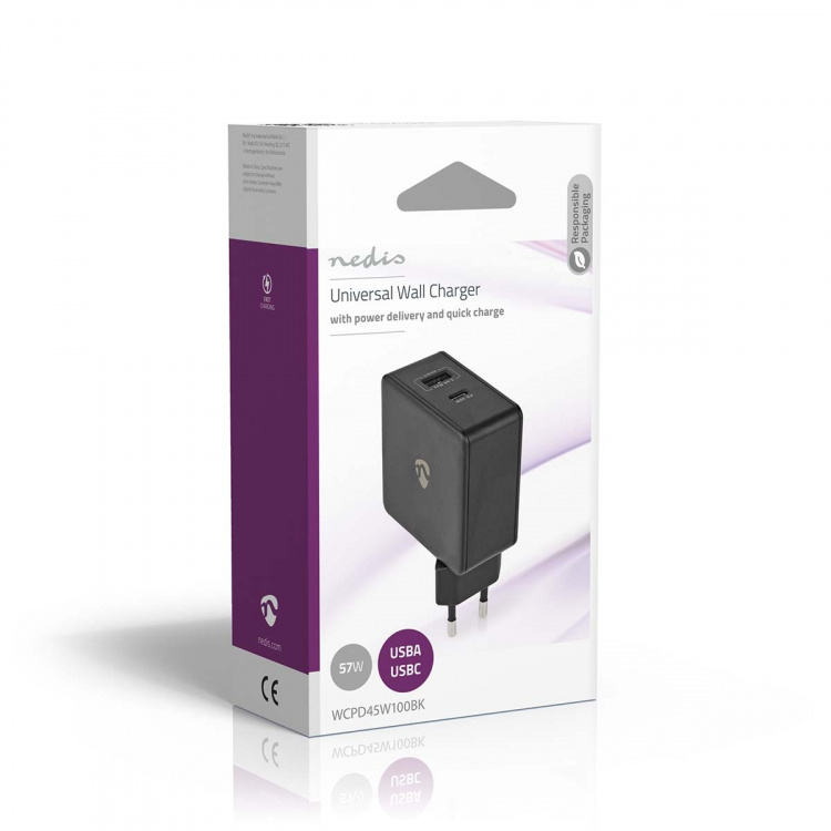 Nedis Vægoplader | 57 W | PD3.0 45W | Hurtigopladningsfunktion | 2.25 A / 2.4 / 3.0 A | Antal output: 2 | USB-A / USB-C™ | Uden Kabel | Automatisk Valgt Spænding | Sort