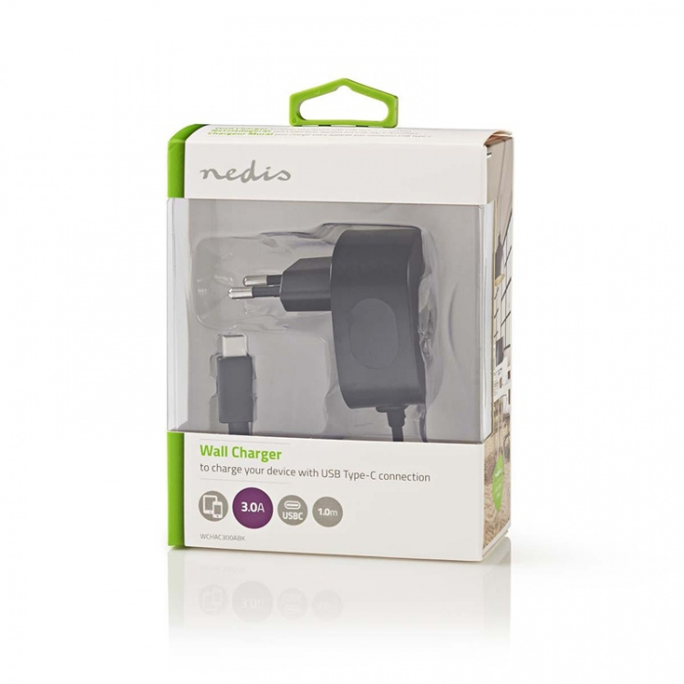 Nedis Vægoplader | 15 W | Hurtigopladningsfunktion | 1x 3.0 A | Antal output: 1 | USB-C™ (Fixed) kabel | 1.50 m | Single Voltage Output | Sort