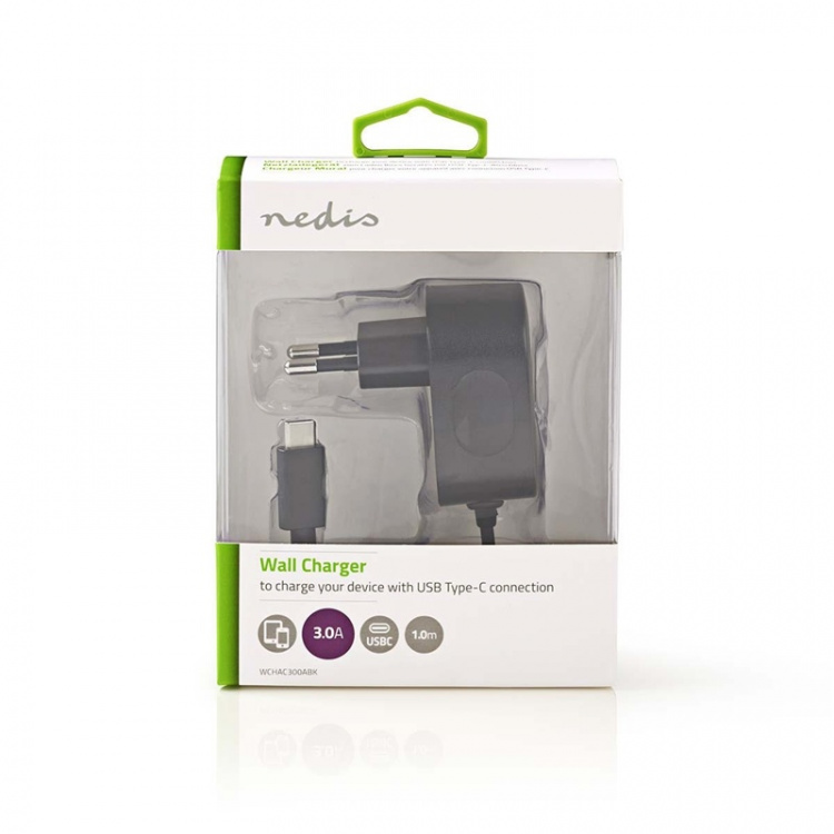 Nedis Vægoplader | 15 W | Hurtigopladningsfunktion | 1x 3.0 A | Antal output: 1 | USB-C™ (Fixed) kabel | 1.50 m | Single Voltage Output | Sort