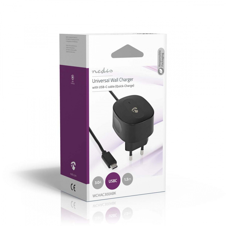 Nedis Vægoplader | 15 W | Hurtigopladningsfunktion | 1x 3.0 A | Antal output: 1 | USB-C™ (Fixed) kabel | 1.50 m | Single Voltage Output | Sort