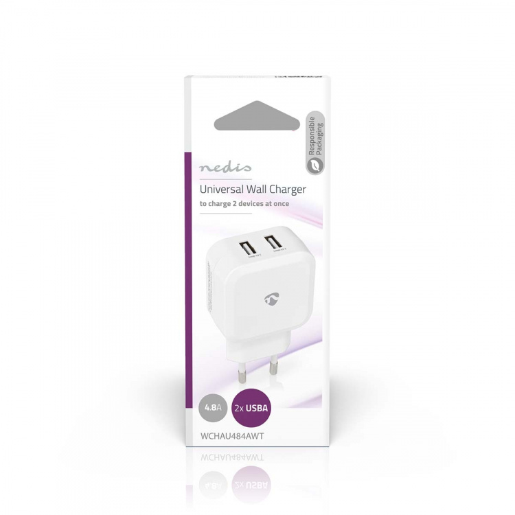 Nedis Vægoplader | 24 W | Hurtigopladningsfunktion | 2x 2.4 A A | Antal output: 2 | 2x USB-A | Uden Kabel | Single Voltage Output | Hvid