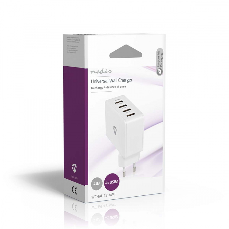 Nedis Vægoplader | 24 W | Hurtigopladningsfunktion | 4x 2.4 A | Antal output: 4 | 4x USB-A | Uden Kabel | Single Voltage Output | Hvid