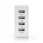 Nedis Vægoplader | 24 W | Hurtigopladningsfunktion | 4x 2.4 A | Antal output: 4 | 4x USB-A | Uden Kabel | Single Voltage Output | Hvid