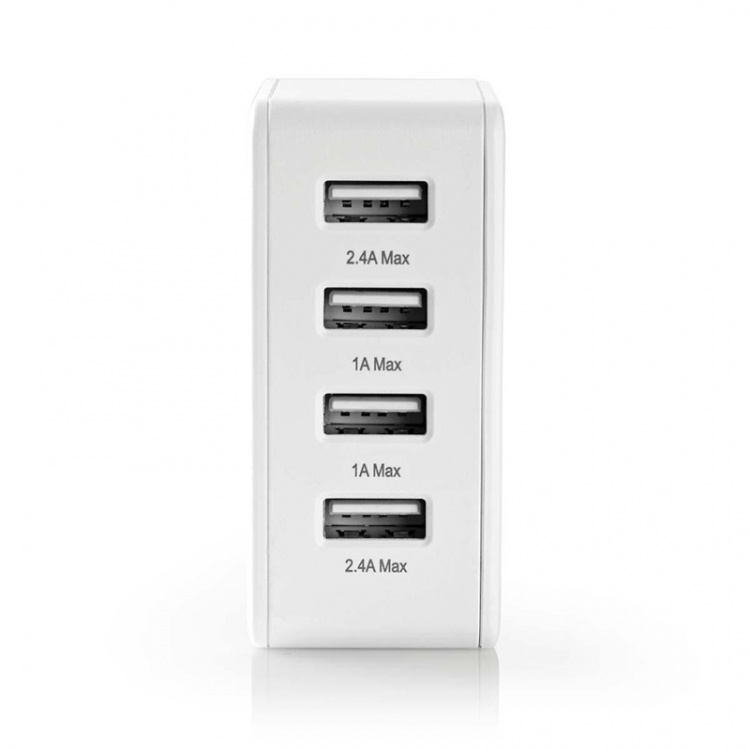 Nedis Vægoplader | 24 W | Hurtigopladningsfunktion | 4x 2.4 A | Antal output: 4 | 4x USB-A | Uden Kabel | Single Voltage Output | Hvid