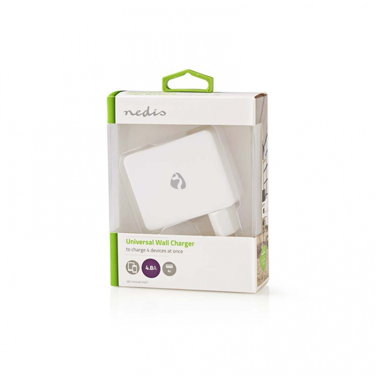 Nedis Vægoplader | 24 W | Hurtigopladningsfunktion | 4x 2.4 A | Antal output: 4 | 4x USB-A | Uden Kabel | Single Voltage Output | Hvid