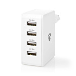 Nedis Vægoplader | 24 W | Hurtigopladningsfunktion | 4x 2.4 A | Antal output: 4 | 4x USB-A | Uden Kabel | Single Voltage Output | Hvid