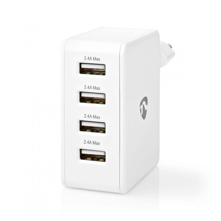 Nedis Vægoplader | 24 W | Hurtigopladningsfunktion | 4x 2.4 A | Antal output: 4 | 4x USB-A | Uden Kabel | Single Voltage Output | Hvid