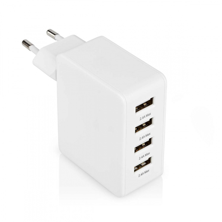 Nedis Vægoplader | 24 W | Hurtigopladningsfunktion | 4x 2.4 A | Antal output: 4 | 4x USB-A | Uden Kabel | Single Voltage Output | Hvid