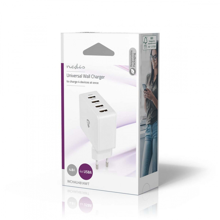 Nedis Vægoplader | 24 W | Hurtigopladningsfunktion | 4x 2.4 A | Antal output: 4 | 4x USB-A | Uden Kabel | Single Voltage Output | Hvid
