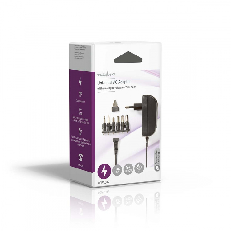 Nedis Universal AC Power Adapter | 18 W | 3 - 12 V DC | 1.80 m | 1.5 / 2.1 A | 6 plug(s) | Sort