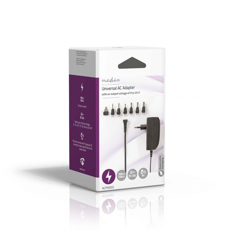 Nedis Universal AC Power Adapter | 24 W | 9 - 24 V DC | 1.80 m | 1.0 A - 1.5 A A | 6 plug(s) | Sort