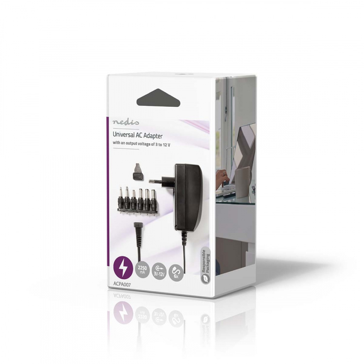Nedis Universal AC Power Adapter | 27 W | 3 - 12 V DC | 1.80 m | 2.25 A A | 6 plug(s) | Sort