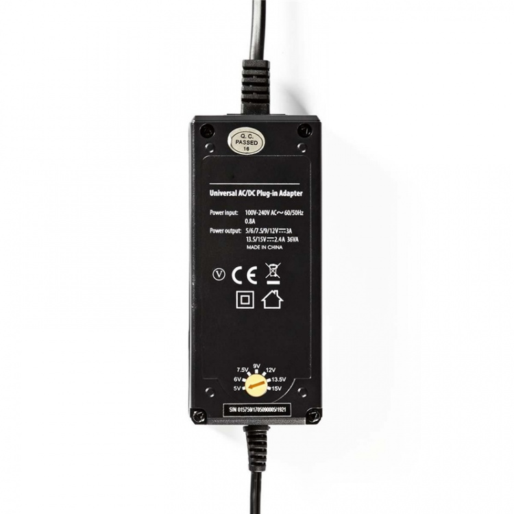 Nedis Universal AC Power Adapter | 36 W | 5 - 15 V DC | 3.60 m | 2.4 A - 3.0 A A | 6 plug(s) | Sort