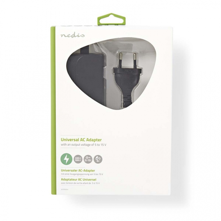 Nedis Universal AC Power Adapter | 36 W | 5 - 15 V DC | 3.60 m | 2.4 A - 3.0 A A | 6 plug(s) | Sort