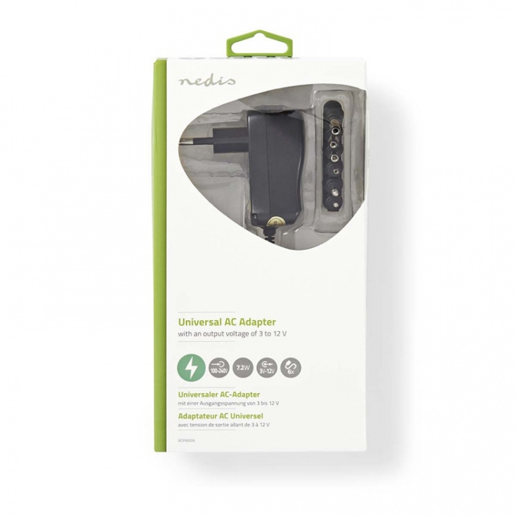 Nedis Universal AC Power Adapter | 7.20 W | 3 - 12 V DC | 1.80 m | 1.0 A A | 6 plug(s) | Sort