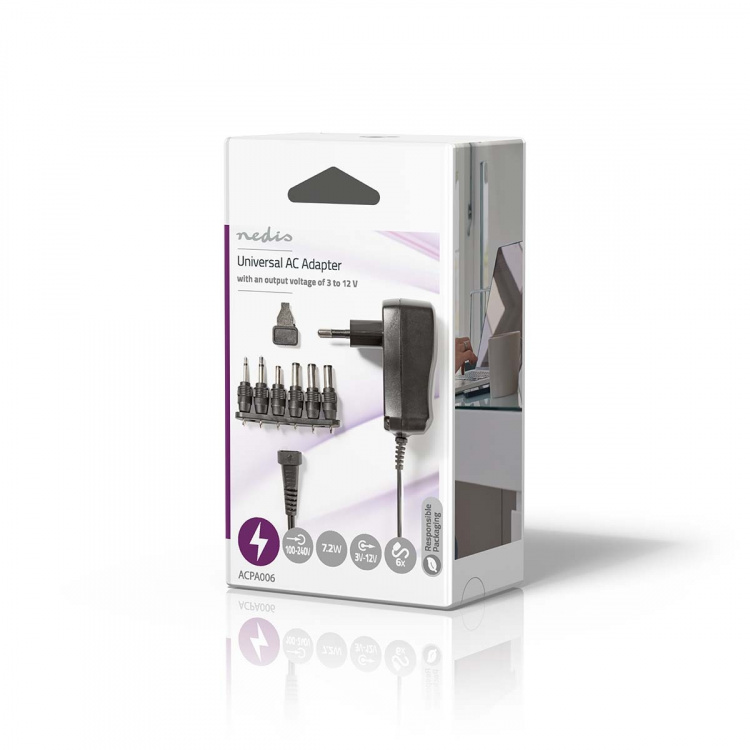 Nedis Universal AC Power Adapter | 7.20 W | 3 - 12 V DC | 1.80 m | 1.0 A A | 6 plug(s) | Sort