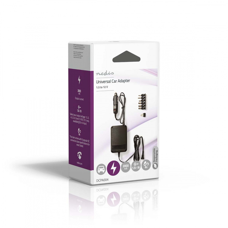 Nedis Universal DC Power Adapter | Biladapter | 24 W | Indgangsspænding: 12 V DC / 24 V DC | 1.5 / 3 / 4.5 / 6 / 7.5 / 9 / 12 V DC | Maksimal udgangsstrøm pr. port: 2.0 A | Sort