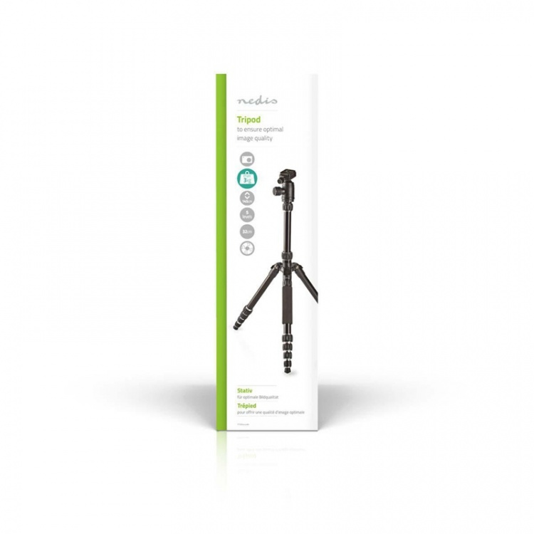 Nedis Stativ | Maksimal belastningskapacitet: 3.0 kg | Minimum arbejdshøjde: 17.5 cm | Maksimal arbejdshøjde: 145.0 cm | 3 Segmenter | Kuglehoved | Rejsetaske inkluderet | Vendbar midtersøjle | ABS / Aluminium | Sort