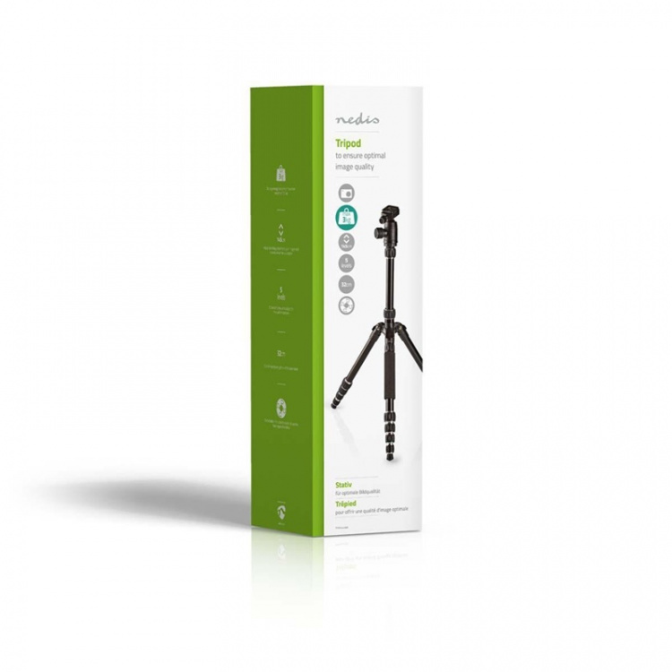 Nedis Stativ | Maksimal belastningskapacitet: 3.0 kg | Minimum arbejdshøjde: 17.5 cm | Maksimal arbejdshøjde: 145.0 cm | 3 Segmenter | Kuglehoved | Rejsetaske inkluderet | Vendbar midtersøjle | ABS / Aluminium | Sort