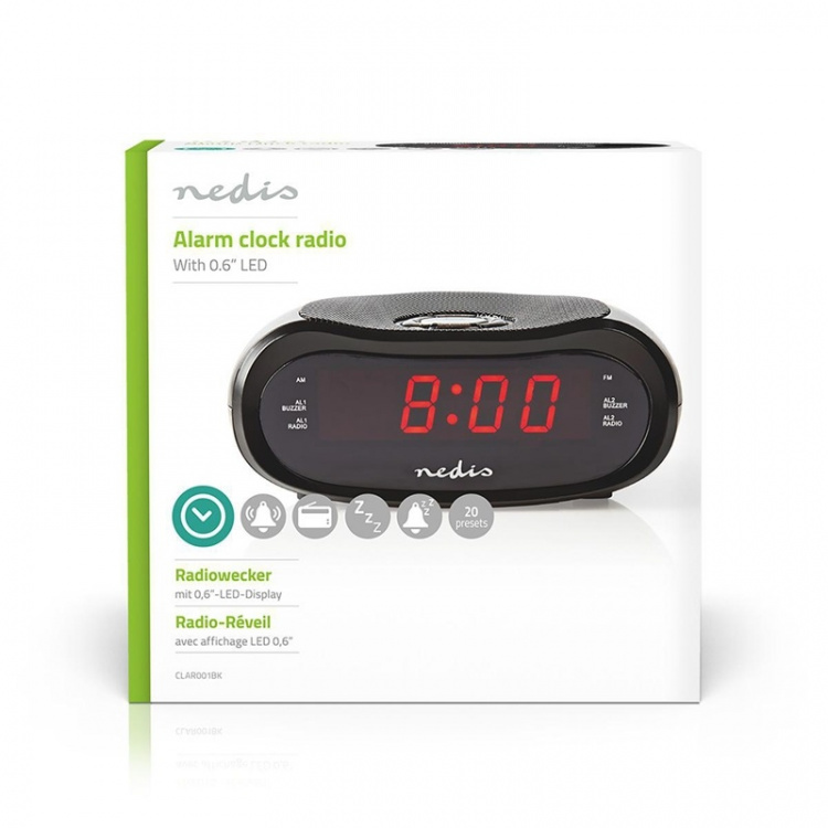 Nedis Digital vækkeur Radio | LED | AM / FM | Snooze funktion | Sleep timer | Antal alarmer: 2 | Sort