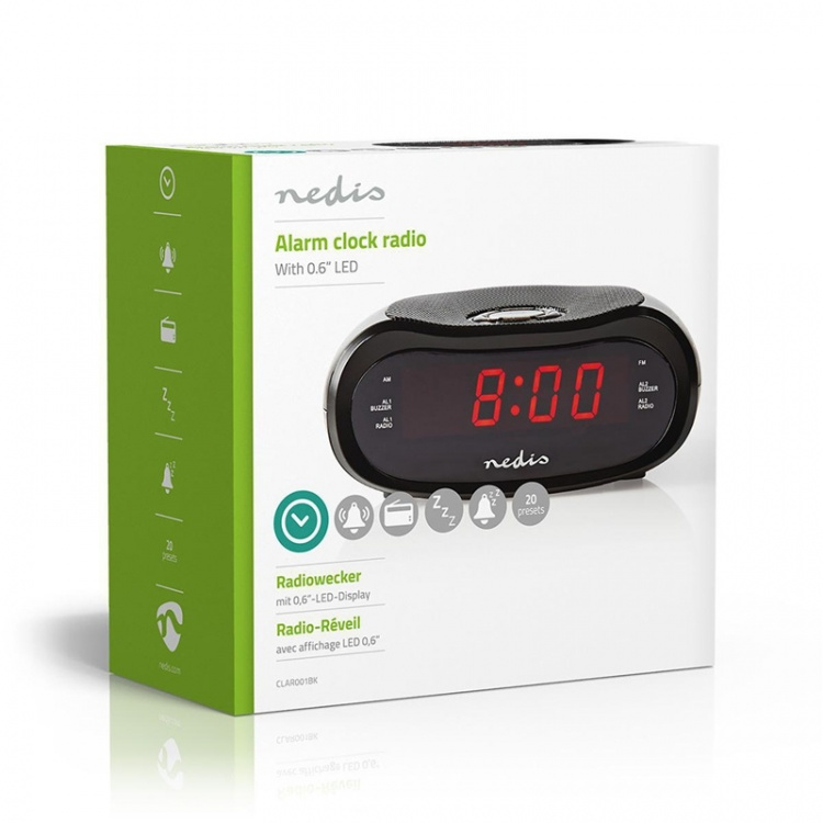 Nedis Digital vækkeur Radio | LED | AM / FM | Snooze funktion | Sleep timer | Antal alarmer: 2 | Sort