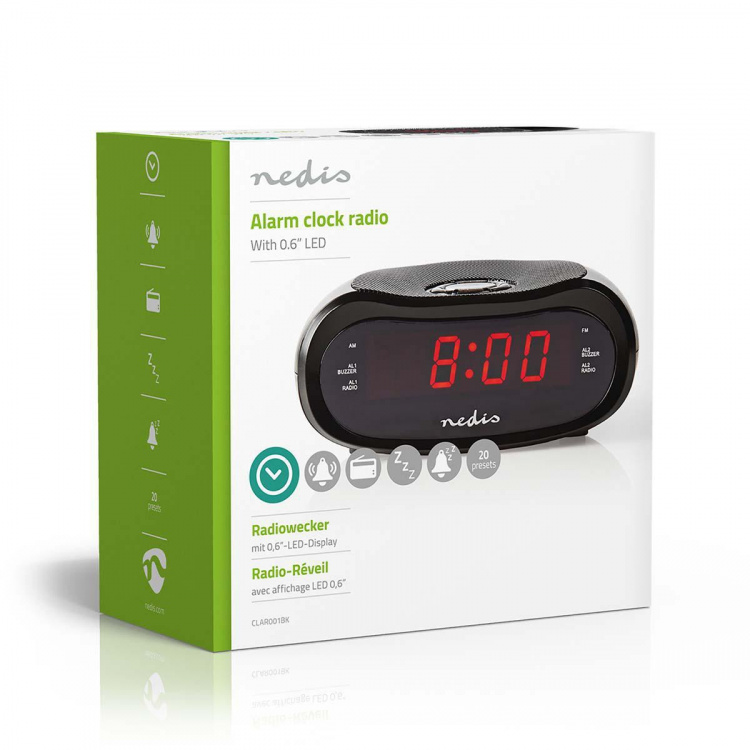 Nedis Digital vækkeur Radio | LED | AM / FM | Snooze funktion | Sleep timer | Antal alarmer: 2 | Sort