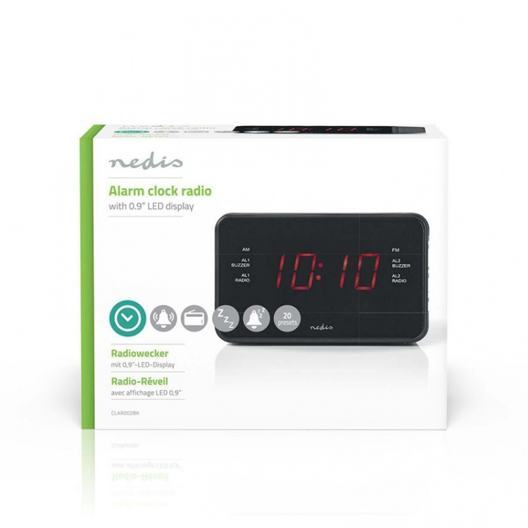Nedis Digital vækkeur Radio | LED | 1x 3.5 mm Audio Input | Tidsprojektion | AM / FM | Snooze funktion | Sleep timer | Antal alarmer: 2 | Sort