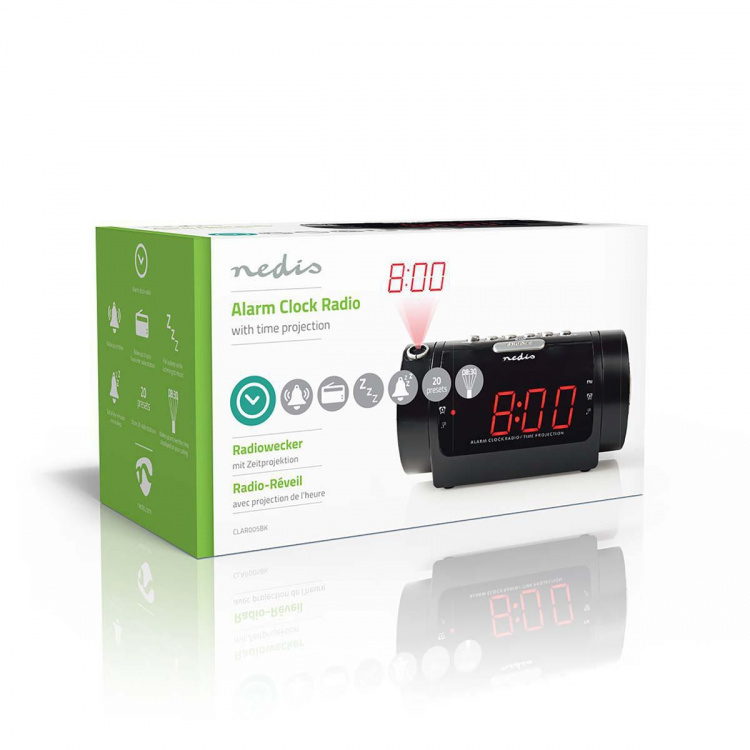 Nedis Digital vækkeur Radio | LED | Tidsprojektion | AM / FM | Snooze funktion | Sleep timer | Antal alarmer: 2 | Sort